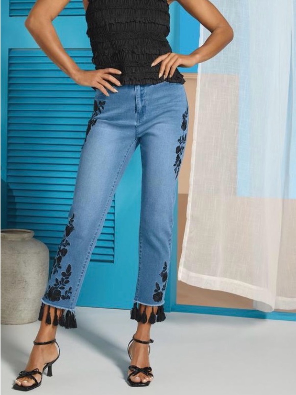 K. Jordan Black Embroidered Fringe Hem Jeans